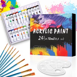 Acrylic Paint Set, GVTECH Paint 24 Colors×12ml with 10 Brushes and 1 Palette, Professional Acrylic Painting Kit, Art Supplies Set for Paper, Canvas, Rock, Ceramic (24)