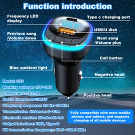 Benaton FM Transmitter Car Bluetooth 5.0, Bluetooth Adapter for Car Radio 2 USB Ports (5 V 3.1 A), Bluetooth Adapter for Car with Phone Call Function, Bluetooth Adapter Car Music with LED Light
