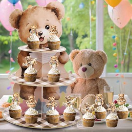 Apinwin We Can Bearly Wait 3-Tier Cupcake Stand Holder with 24pcs Bear Cupcake Toppers, Brown Bear Table Dessert Tower for Bear Baby Shower Birthday Gender Reveal Party Decoration Supplies
