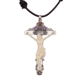 NOVICA Artisan Handmade Amethyst Bone Pendant Necklace Cross from Bali Sterling Silver Leather Garnet Indonesia Christian Gemstone Birthstone [14.25 in min L x 28.5 in max L 2 mm W Pendant(s) 3.1 In]