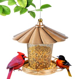 LBTING Bird Feeder for Outside, Squirrel Proof Metal Wild Bird Feeder for Hanging Outside Garden Yard Decoration, Flower Petals Shaped with Roof