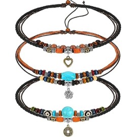 3 Pcs Western Layered Boho Wood Beads Choker Necklace Adjustable Vintage Leather Necklace Bead Choker Boho Jewelry for Women (Love+Money+Small Flowers)