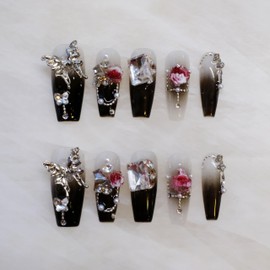 GLORS Handmade Press On Nails, Long Coffin Style, Black with Butterfly and Rose Design, 10 Pieces (L,LC)