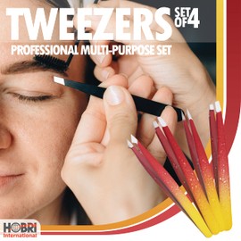 Tweezers Set, Eyebrows Tweezers Set Professional Stainless Steel Tweezers Set - 4 Pieces with Leatherette Travel Case Perfect for Facial Hair, Beauty and Personal Care Tool (Red/Yellow)