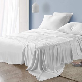 YnM Cooling Bed Sheet Set with 100 Percent Rayon Derived from Bamboo, 400TC Fabric with 2 Pillowcases and Flat Sheet, Deep Pocket Fit 19'', Silky-Soft & Sweat Wicking, 4 Piece (Ca King, White)