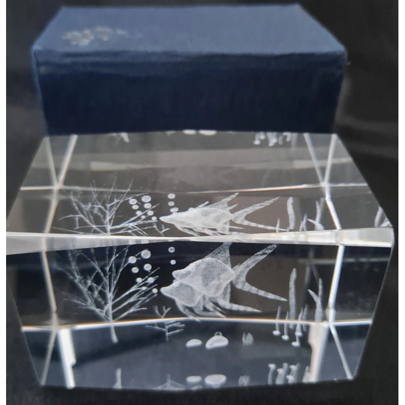 Glass Crystal Glass 3D Laser Etched Solid Cube Fish-Decorativ