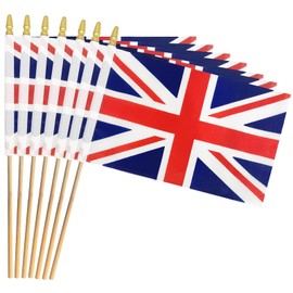 Pack of 20 Handheld UK Flags 5x8 Inch, Small British Union Jack Flag on Wood Sticks with Gold Spear Top, Mini UK Flags for Parades, British National Day, International Event, and Patriotic Decorations