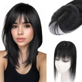 S-noilite Hair Toppers for Women Real Human Hair, 100% Real Human Hair Toppers with Bangs for Women with Thin Hair,2.25"*6" Lace Silk Base 12 inch Jet Black