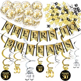 30th Birthday and Anniversary Decorations Party Pack - Cheers to 30 Years Banner, Balloons, Swirls and Confetti Party Supplies