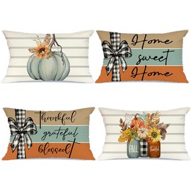 AACORS Fall Pillow Covers 12 x 20 Inch Set of 4, Pumpkin Home Sweet Home Thankful Grateful Blessed Harvest Floral Decorations Autumn Seasonal Pillow Case Decor for Sofa Couch AA275-12
