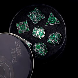 RULE DICE DND Metal Dice Set D&D Dungeons and Dragons Dice, Cool Large Weighted 7 die Green Metal DND Dice Set, RPG MTG Role Playing Polyhedral Dice Set with D & D Dice Gifts Box, D and D Dice Set