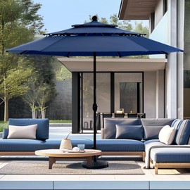PHI VILLA 10ft Outdoor Patio Umbrellas for Outside, 3 Tier Vented Market Table Umbrella Windproof for Backyard, Deck, Garden, 1.5" Pole, Dark Blue（No Base）
