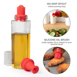 Olive Oil & Vinegar 10oz Spill Proof Glass Cruet Dispensers -Interchangeable Basting Brush and No Drip Spout Tops - Easy To Clean - Kitchen Gadget Gifts