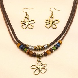 Layered Boho Necklace for Women Western Choker Necklace for women Hollow Flower Charm Necklace Leather Choker Boho Necklace Earrings Set Jewelry Gift