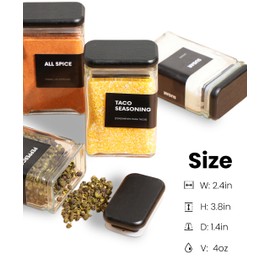 APT 1101 Glass Square Spice Jars with Labels, 4oz Glass Jars with Bamboo Lids, Spice Bottles, Seasoning Organizer, 12 Pack (Black)