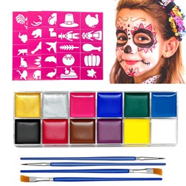 Clundoo Face Paint for Children and Adults, 12 Colours Children's Make-Up Set, Make-Up Colours, Makeup Palette with 4 Brushes and 40 Tattoo Templates