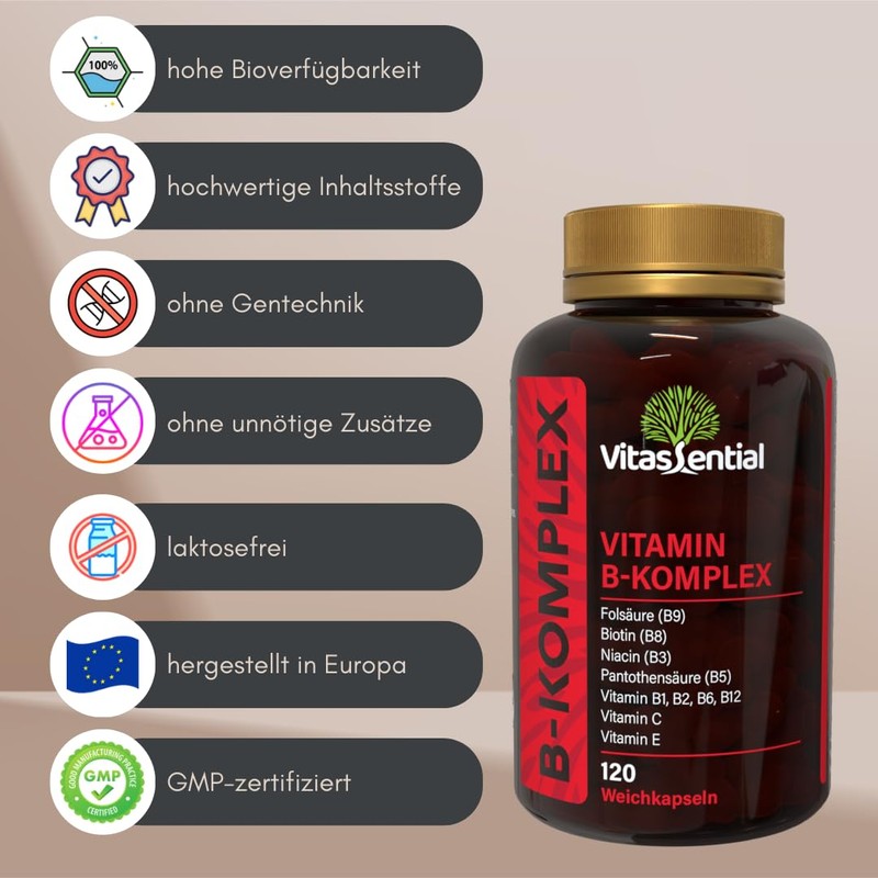 Vitassential Vitamin B-Komplex - Alle 8 B-Vitamine (B1, B2, B3,