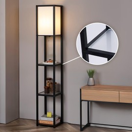 MITELSON Floor Lamp with Shelves, Modern Shelf Lamp with LED Bulb, Corner Display Shelf with Light, Standing Lamps with Glass Shelves for Living Room, Bedroom, Office, Bookshelf, Black