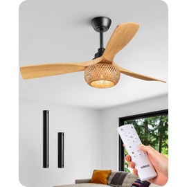 EDISHINE 52“ Boho Ceiling Fans with Lights, Wickerwork Cage, Timer & Remote Control, 6 Speeds, Indoor Noiseless Rattan Lighting & Ceiling Fans for Living Room, Bedroom, Dining Room