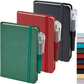 3 Pack Small Notebook Journals, Mini Pocket Leather Lined Notebooks Journal for Men& Women Writing, Small Notepad with Pen Holder, Black, Red, Green Notebook