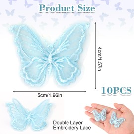 10pcs Butterfly Fabric Lace Clothes 3D Patch Light Blue Organza Embroidery Patches Double Layers Lace for Sewing Craft DIY Chiffon Bridal Dress Applique