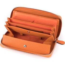 Multi-functional Wallet, Cowhide, Receipts, Clean Long Wallet, Women's, 18 Cards, Large Capacity, Genuine Leather, Round Zipper Wallet, Box Type, Coin Purse, orange,