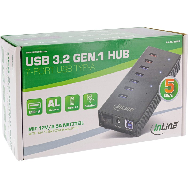 InLine® USB 3.2 Gen.1 Hub 7 Port Aluminium Housing Black