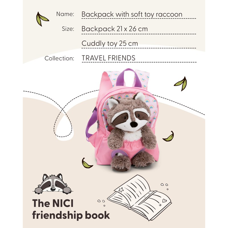 NICI Children's Backpack Pink 2 in 1 with Cuddly Toy