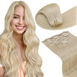 LaaVoo Clip in Extensions Human Hair Bleach Blonde Clip in Hair Extensions Human Hair Bleach Blonde Clip in Hair Extensions Real Hair For Women Bleach Blonde Long Straight 22 Inch 7pcs/120g