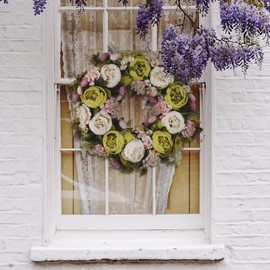 BOMAROLAN Artificial Peony Flower Wreath 19Inch Vintage Blooming Silk Peonies Spring Summer Fall Winter Large Wreaths Flower Green Leaves for Outdoor Front Door Indoor Wedding Wall Or Window Décor