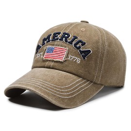 Tefelory American Flag Hat for Men Women Distressed Vintage Cotton Adjustable Embroidered Patriotic Baseball Cap Khaki