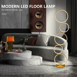 COSYLUX LED Modern Floor Lamp for Bedroom, 3 Way Bright Dimmable Corner Floor lamp with 5-Ring 2-in-1 Standing Tall End Table Lamp for Living Room & Office Reading Light, 3260LM, 6000K, Gold.