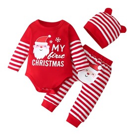 PythJooh Baby Girl Boy 3PCs First Christmas Outfits Infants Long Sleeve Santa Romper with Striped Pants Hats Xmas Costumes Set for 0-18Months