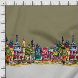 Soimoi Green Cotton Voile Fabric Buildings Panel Print Fabric by Yard 42 Inch Wide