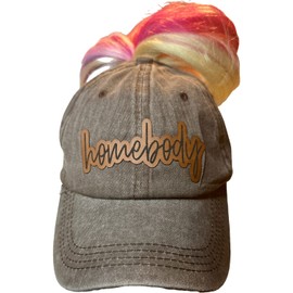 Homebody Cutout Faux Leather Patch on a Distressed Baseball Cap with High Hole in Back for Ponytail or Messy Bun (Coffee)