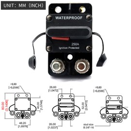 ZOOKOTO 12-48V DC 250A Surface Mount Circuit Breaker with Manual Reset Waterproof 250Amp (No Manual Button Disconnect)
