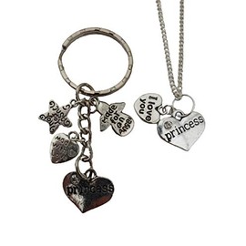 Silver Plated Necklace and Keyring set Princess Love Heart Gem Charm Pendant