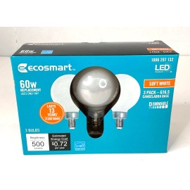 Eco-Smart Ecosmart 60w Replcement LED 3 Pack G16.5 Candelabra Base Soft White - NEW