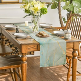 Table Runner Modern Grey Green Marble Golden Texture Abstract Art Colourful Runner Table Linen Washable Seasonal Kitchen Table Decoration for Dining Room Kitchen Table Bedroom 40 x 140 cm