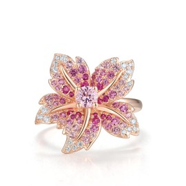 Santuzza 925 Sterling Silver Lily Ring Pink Sapphire Cubic Zirconia Gemstone Flower Statement Ring for Women (10)