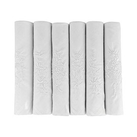 6 Pack Ladies Boxed 100% Cotton Embroidered Luxury White Handkerchiefs, 40 x 40cm approx, White
