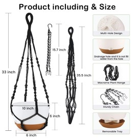 Dovesail 10 Inch Hanging Planter, 2 Pack Hanging Plant Self Watering Pot with Drainage Holes & Saucers, Hanging Baskets Flower Pots with Black Macrame Rope Hangers for Garden Home -White