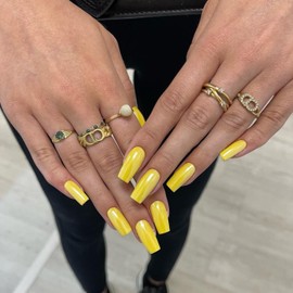 SXVME Yellow False Nails Long Square, Acrylic Press on Nails Long Medium Coffin, Glossy Gel Fake Nails Press on, Solid Color Square Tip Nails Stick on Nails For Women Daily Wear, 24 Pcs