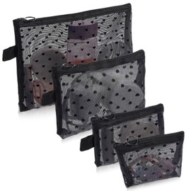 Gtziqa 4 PCS Mesh Makeup Bag Set, Heart Printed Mesh Pouches for Purse Portable Travel Cosmetic Bags Small Toiletry Bag with Zipper Black Makeup Pouches for Home Offices Travel Accessories