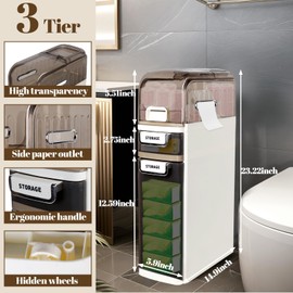 3-Tier Slim Narrow Bathroom Cabinet with Wheels, Plastic, Waterproof, Tissue Box, Skinny Storage Organizer for Small Spaces, Kitchen