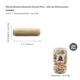 Rhino Wood Industries - 5/16" x 1" - 200 Pack Wooden Dowel Pins in Plastic Jar - Kiln Dried, Fluted, and Beveled (5/16" x 1", 200pk, Jar)