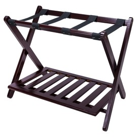 Oakestry Solid Wood Luggage Rack Foldable Fully Assembled Hotel Style Suitcase Stand With Shelf Honey Oak Finish Guest Room Essentials Organizer Durable Travel Storage Compact Design Easy Setup (Espresso)