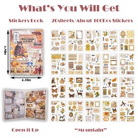 Junk Journal Stickers for Scrapbooking, 166Pcs Retro Flower Butterfly Nature Poem Stamp Letter Decorative Stickers for Scrapbook, DIY Crafts Album Phone Cases Laptops Calendars Notebook (Mountain)