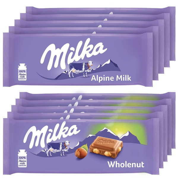Milka European Chocolate Bars Variety Pack, Alpine Milk Chocolate & Wholenut Hazelnut Chocolate, 10 - 3.52 oz Bars