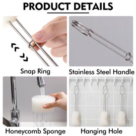 Sponge Bottle Brush Set 4PCS Cup Cleaning Brush with Replaceable Sponge Stainless Steel Long Handle Bottle Scrubber Brush Baby Bottle Brushes (4PCS + Hooks 4PCS)